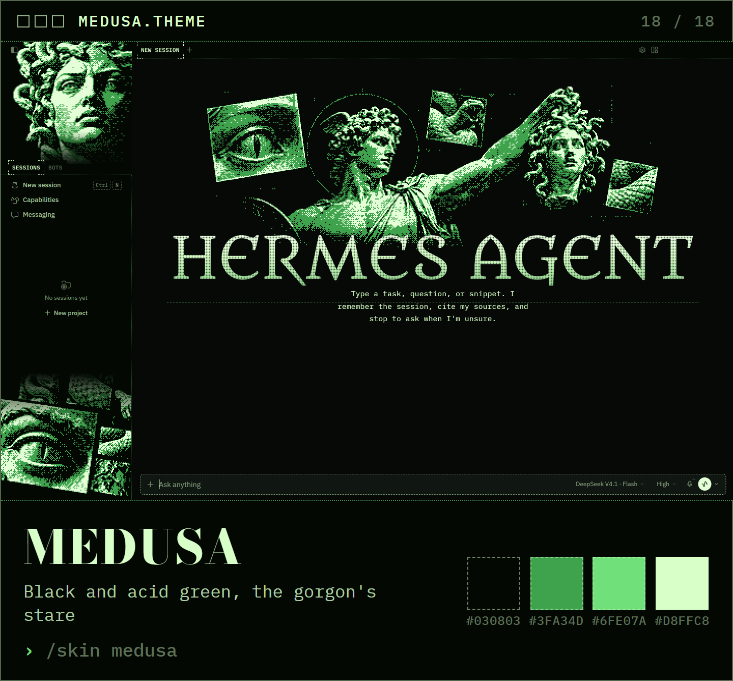 Medusa: black and acid green, the gorgon's stare