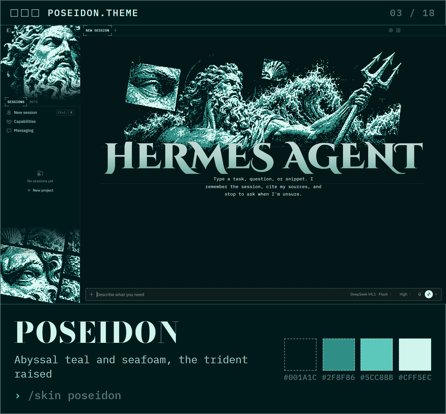 Poseidon: abyssal teal and seafoam, the trident raised