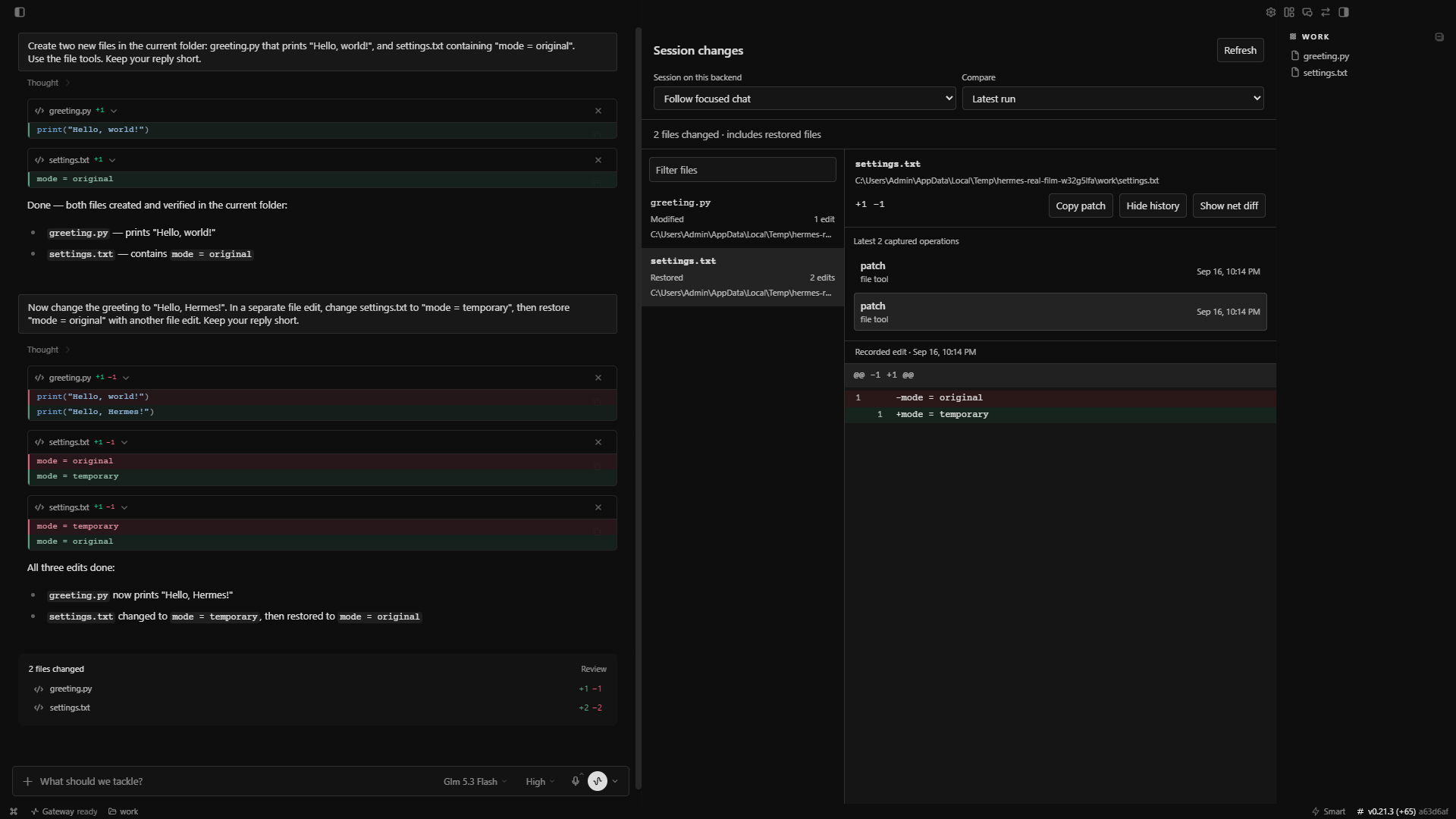 Session changes showing a restored file and its intermediate edit in Hermes Desktop