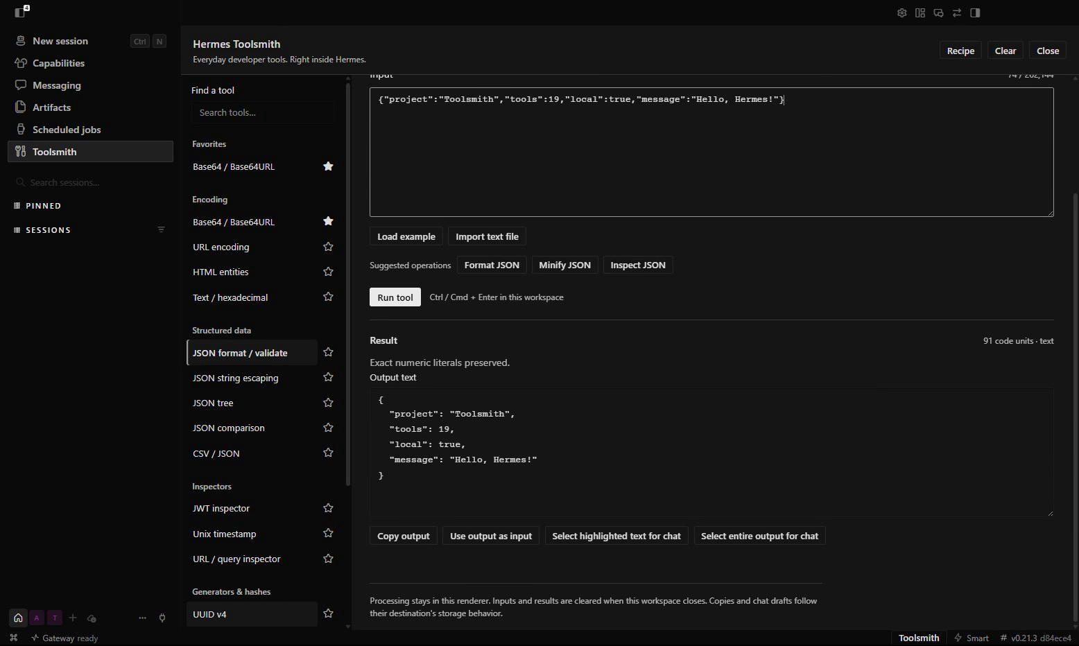 Toolsmith formatting JSON inside Hermes Desktop