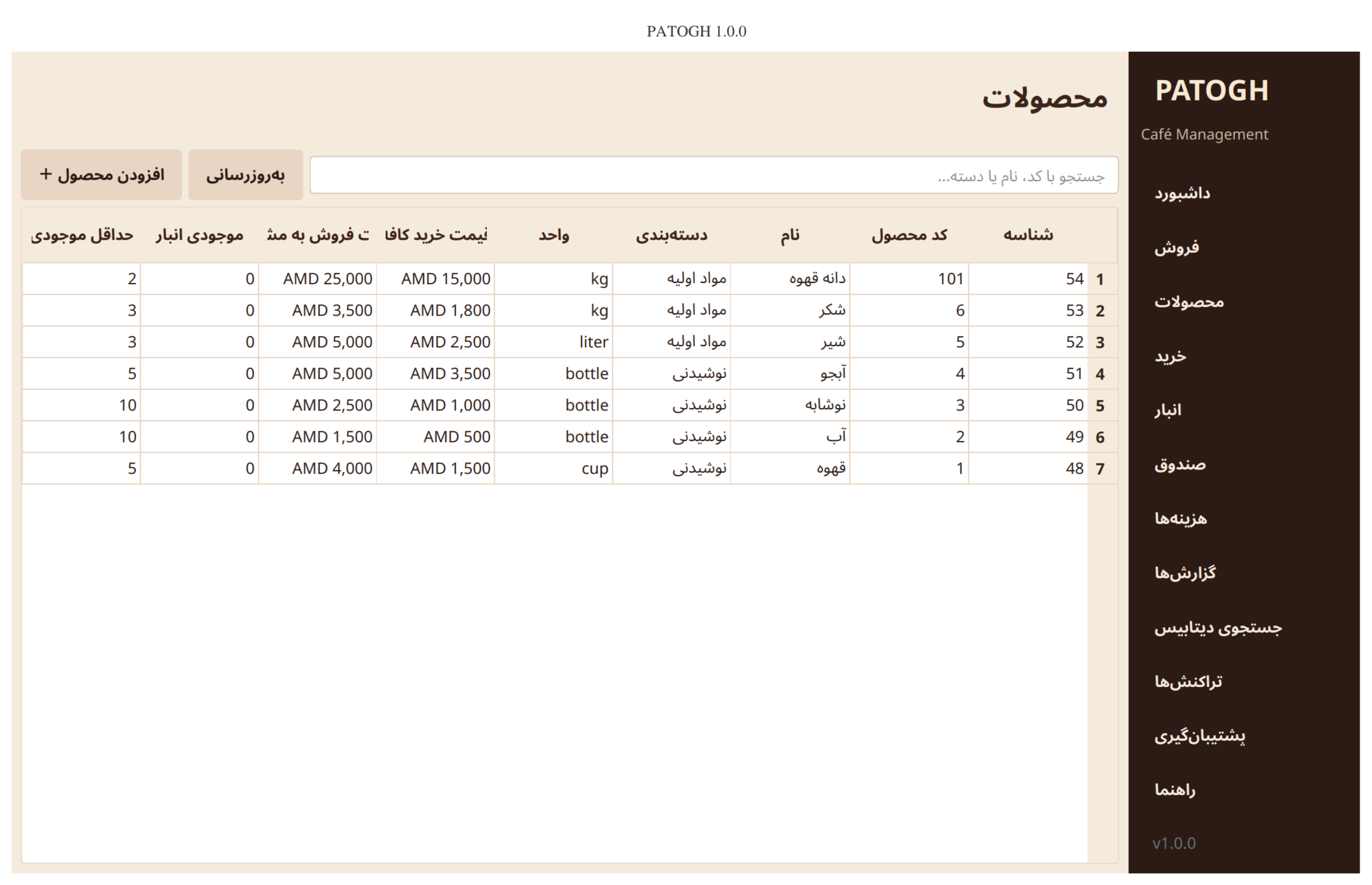 PATOGH sales and transaction entry interface for recording café orders