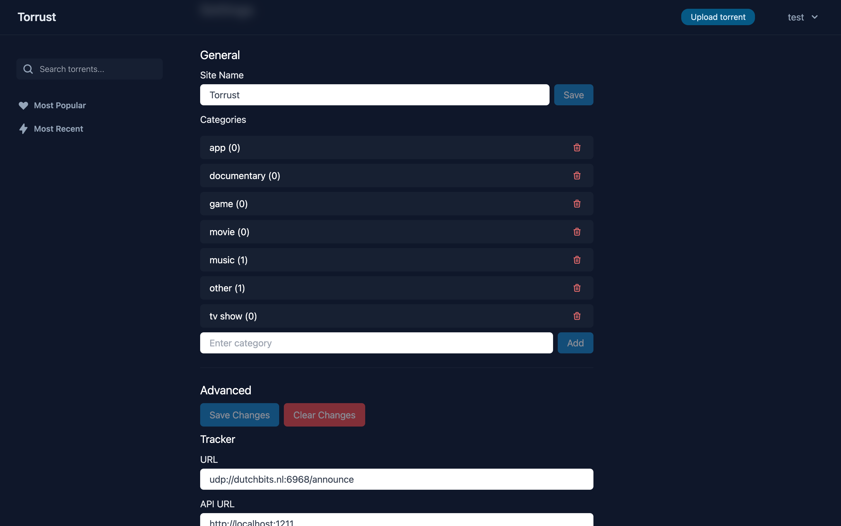 Web UI Settings page