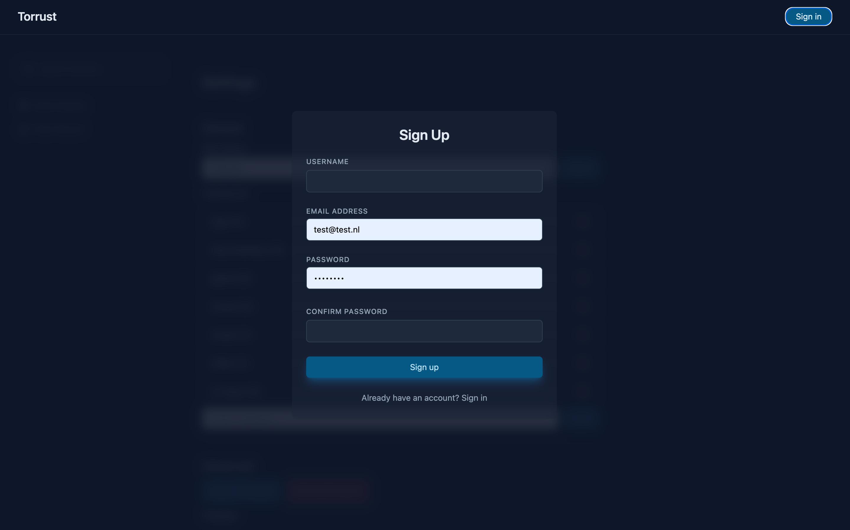 Web UI Sign Up page