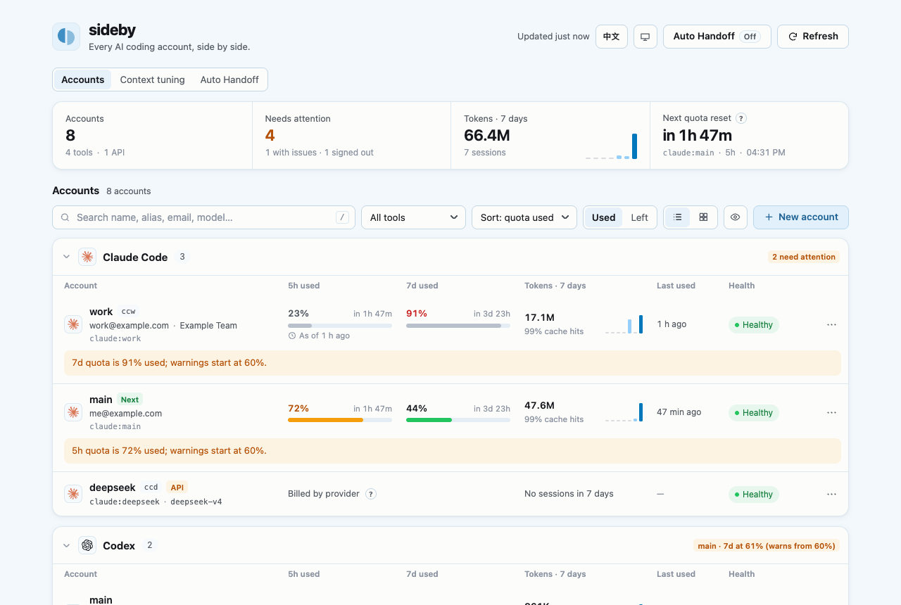 sideby panel: every account's 5h and 7d quota, 7-day token usage and health in one page