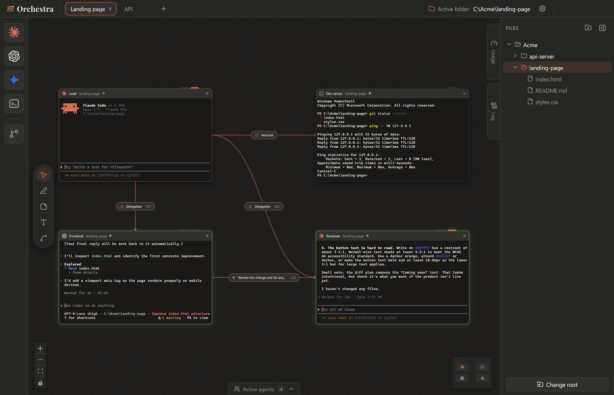An Orchestra board: a Claude Code lead delegating to a Codex and a Claude Code reviewer, and running commands in a visible terminal