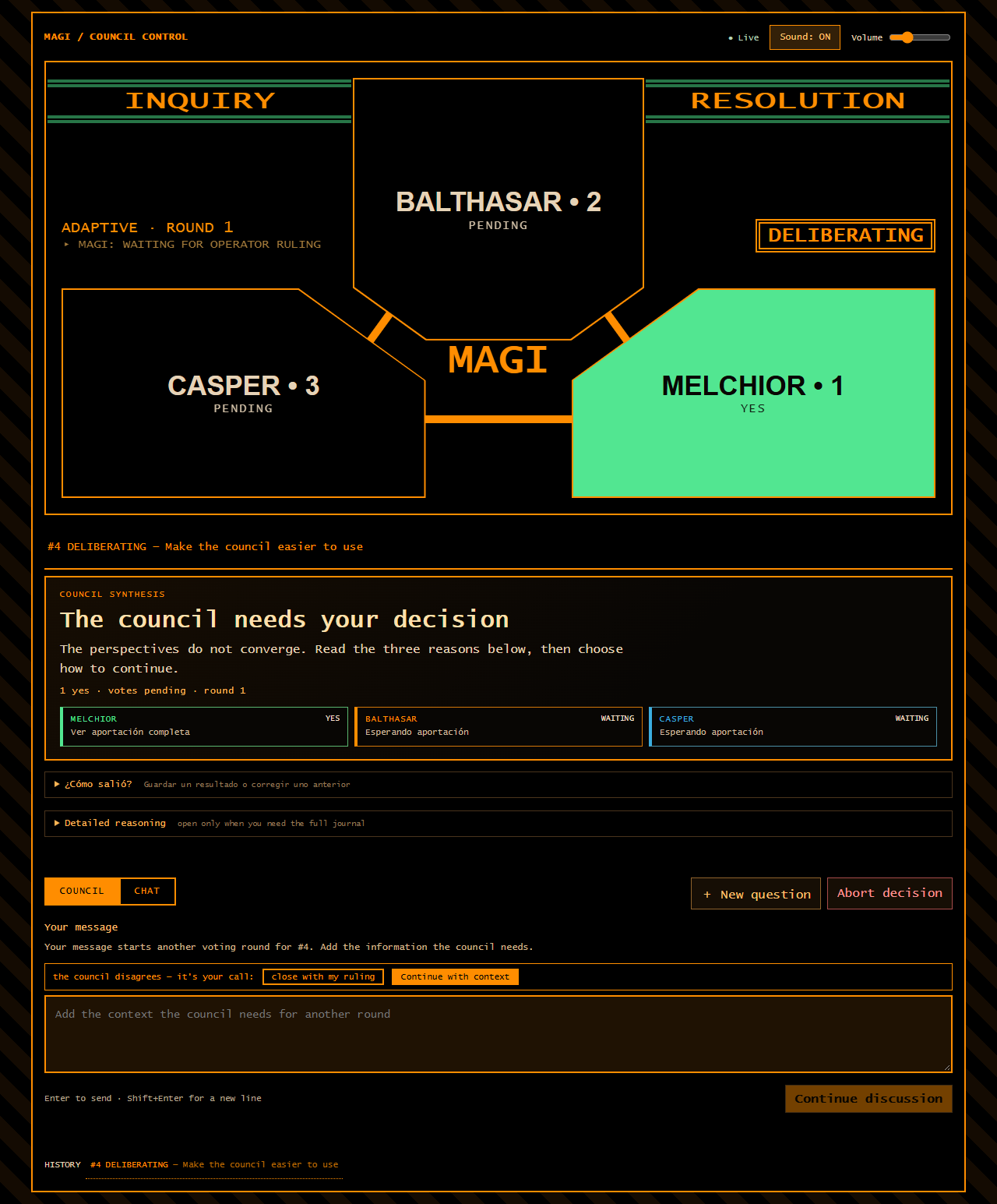 The UI on desktop — council deliberating
