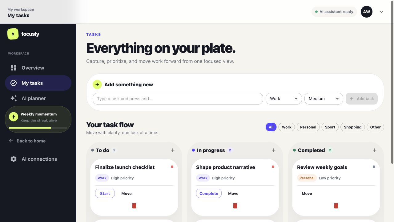 Focusly task workspace