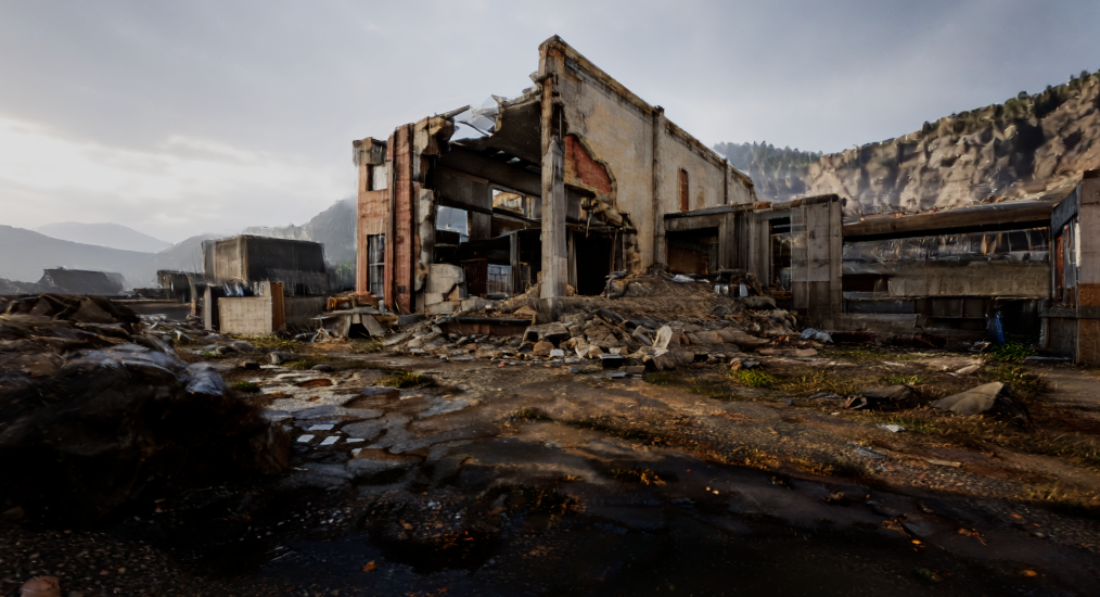 Capture native Unreal : l’usine Marble et sa cour en ruine. Cliquer pour découvrir la vidéo de la visite.