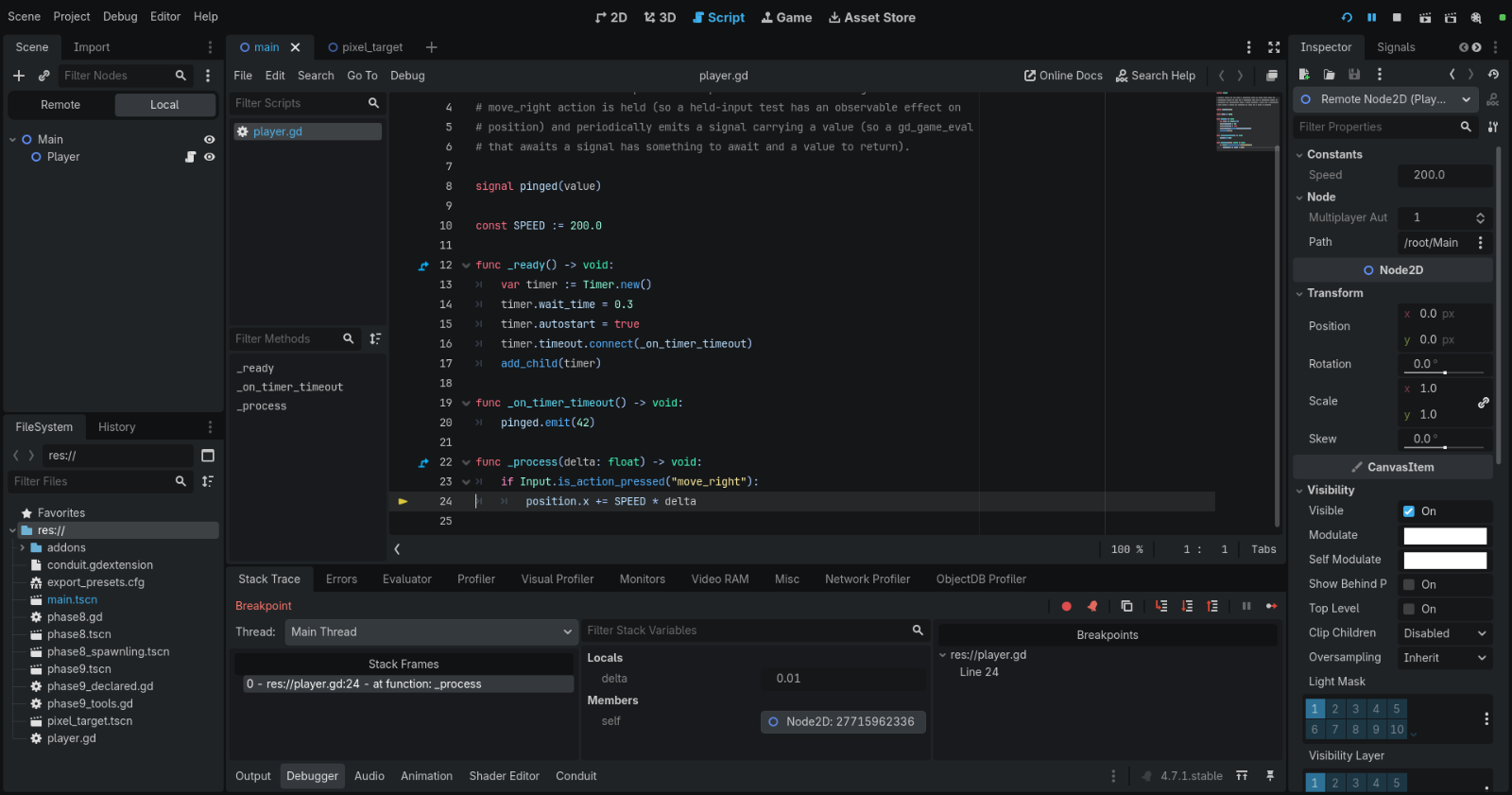 Godot script debugger stopped at an input-handling line in a Conduit developer demonstration