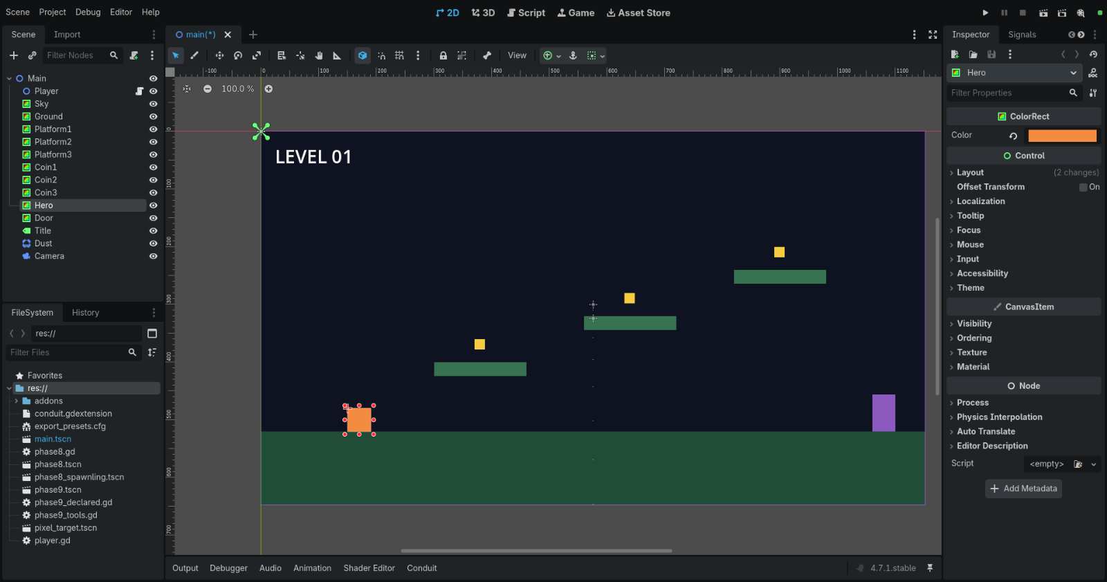 Godot editor showing a simple platform level assembled with the Conduit AI-agent integration