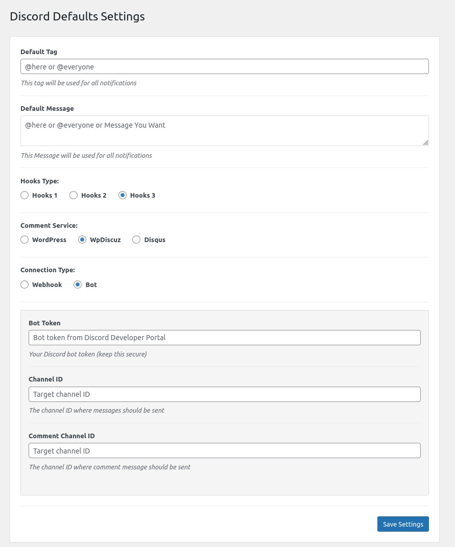 Default Settings Page