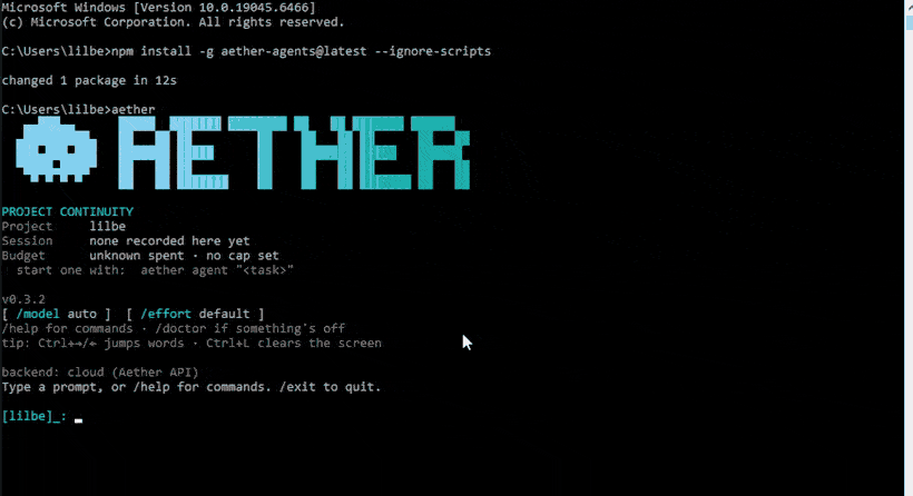 Aether Agent starting up, then the slash-command help and the model picker