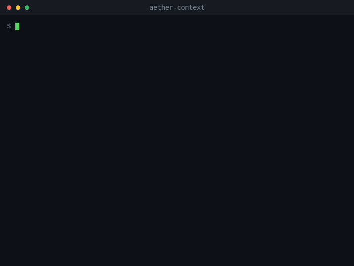 Terminal recording: npx aether-context setup sizes a 5 GB pool, doctor reports four green checks, status prints pool, reach and resident RAM.