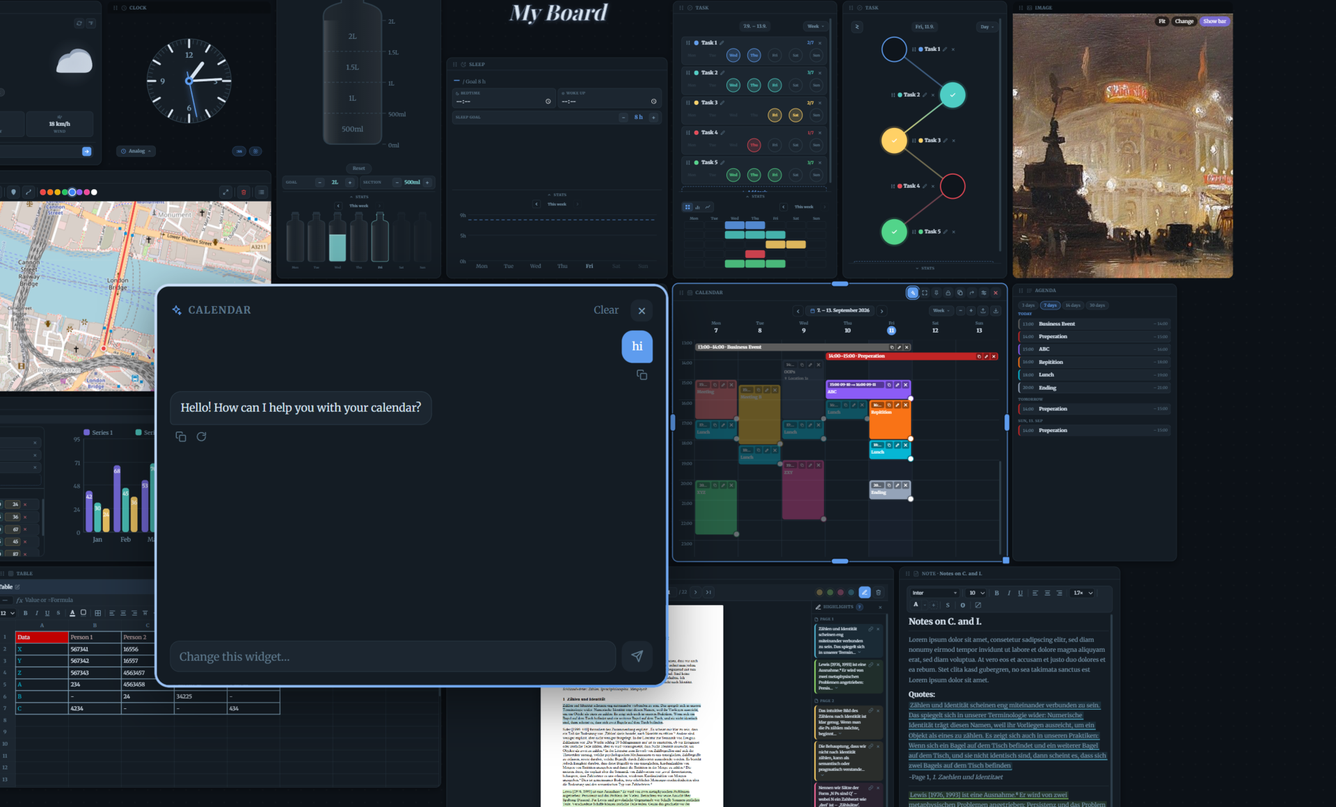 Per-widget AI chat open on a calendar widget, with changes scoped to just that widget