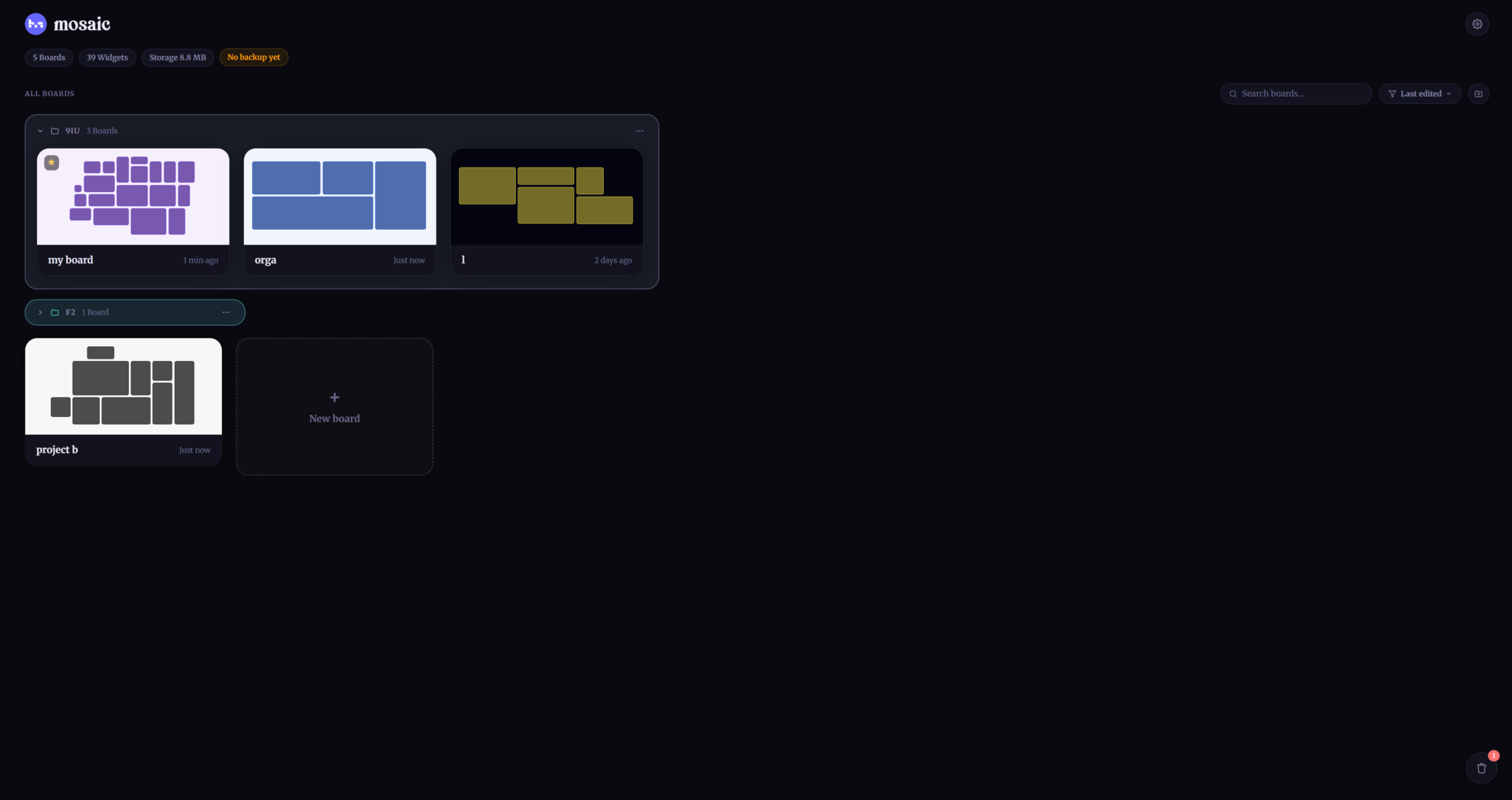 Board overview with a folder and multiple boards