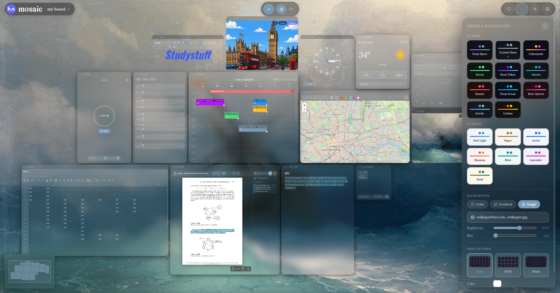 Theme picker with 20 themes, plus background and grid pattern options