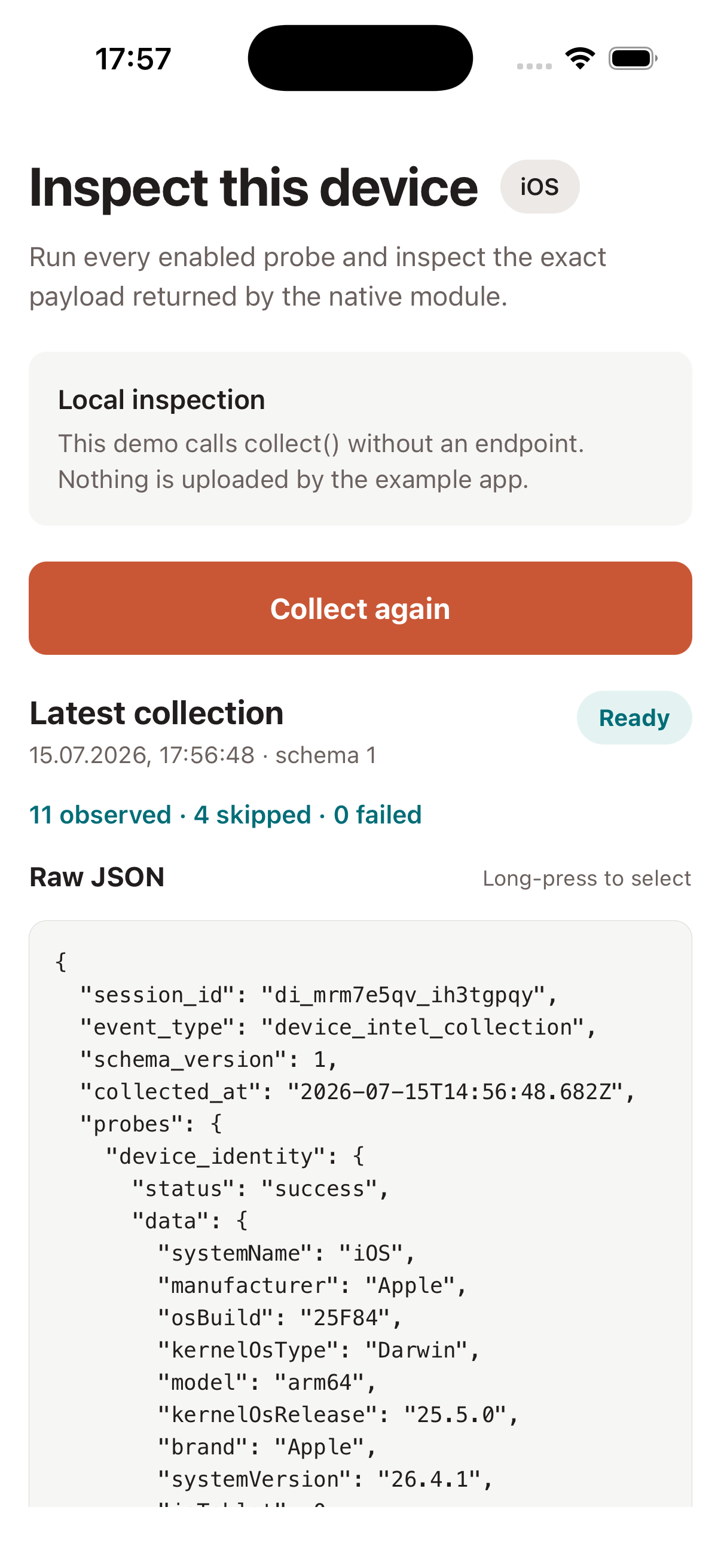 Signal Bench example app showing a raw device signals JSON response