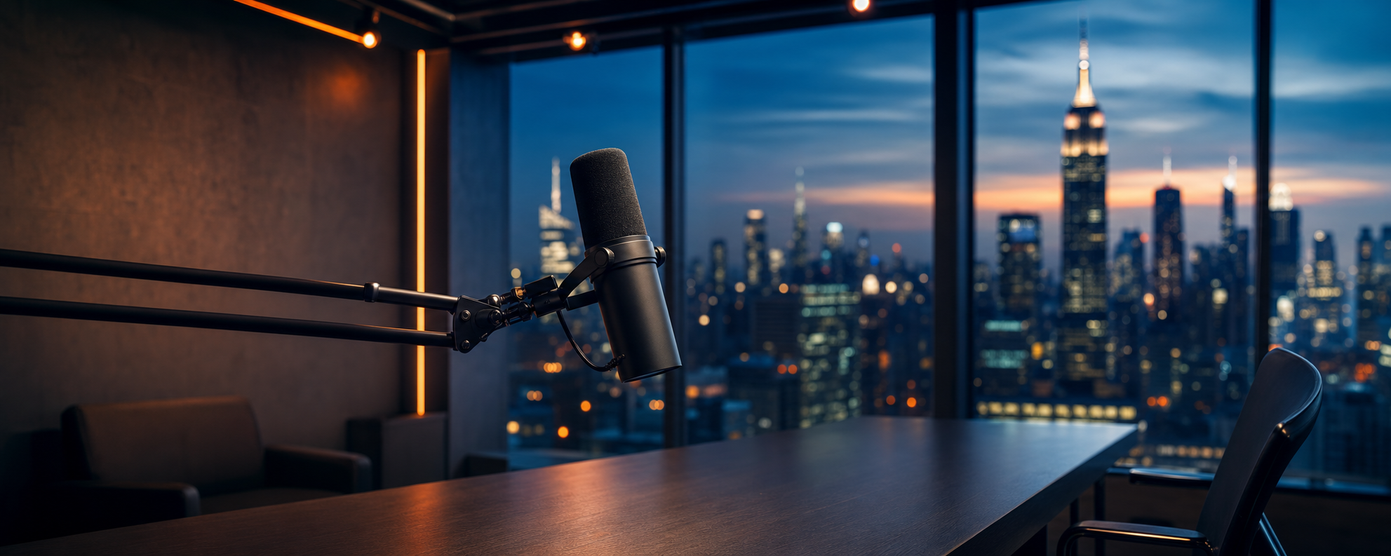 ACA Survival Podcast studio microphone overlooking the New York City skyline — the official Medicare and ACA health insurance podcast for brokers by Affordable Care Agents