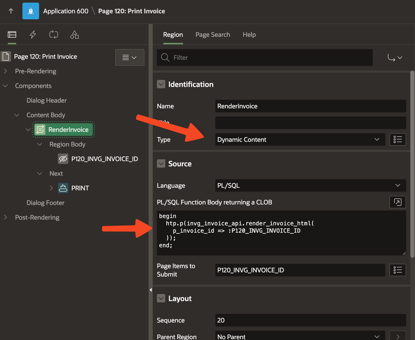 Add render HTML function in APEX — region source