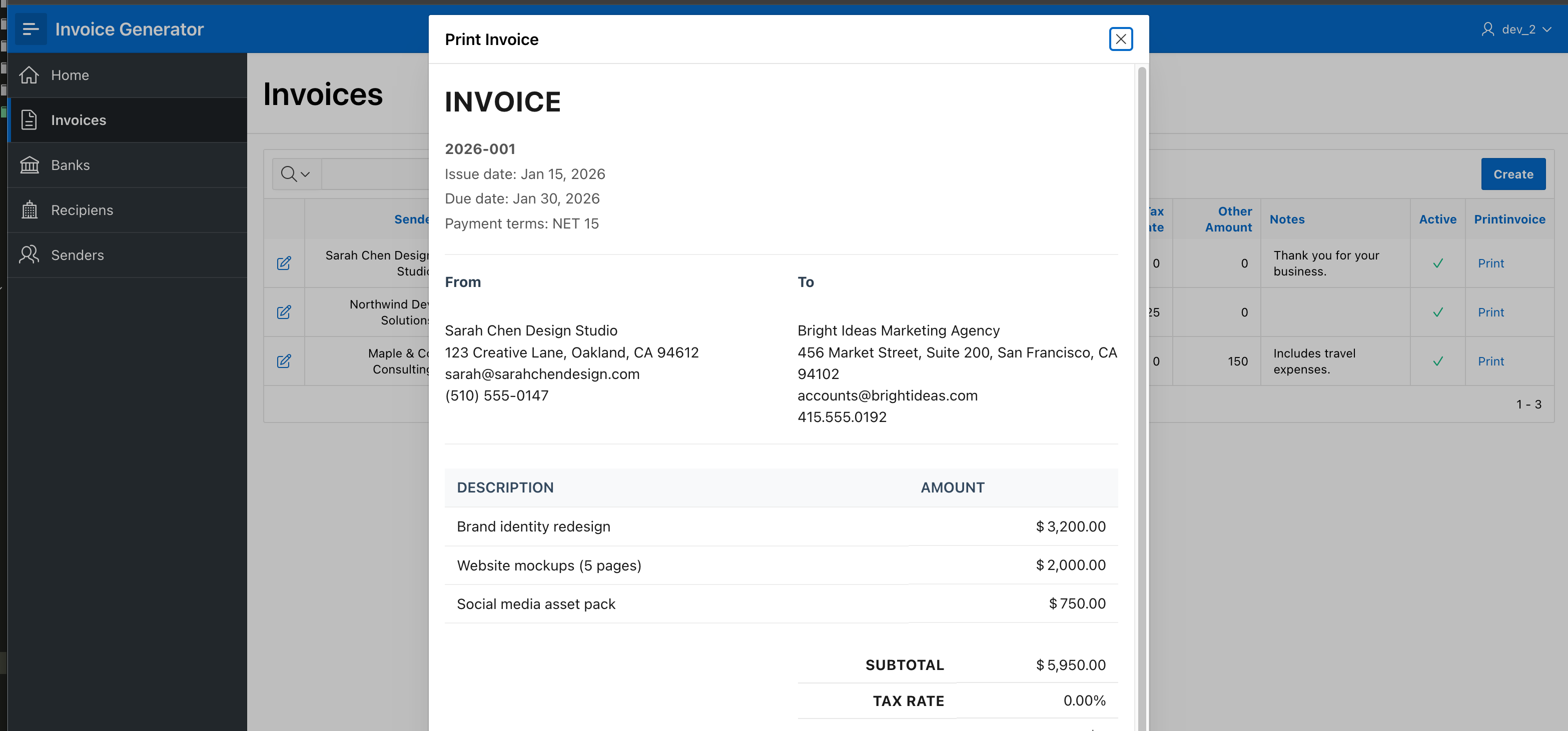 Print Invoice modal preview