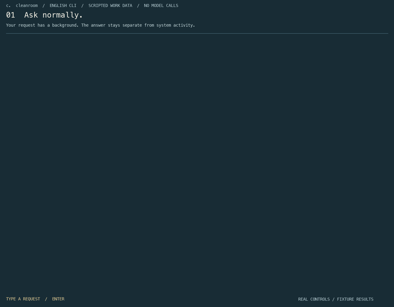 English Cleanroom CLI: a continuous conversation, an optional L-number explanation, a private memo, and an inline change review