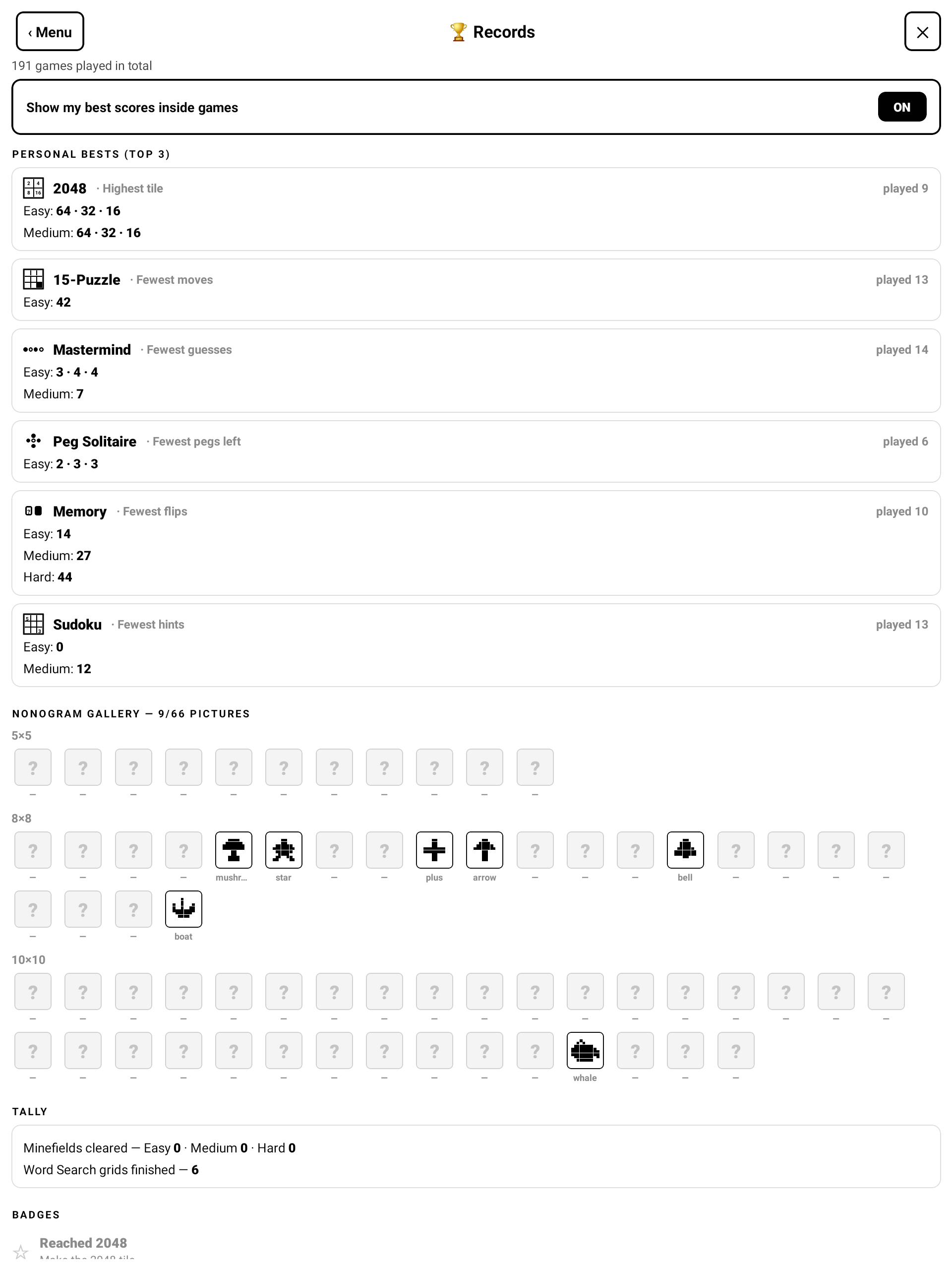 SuperFun Records page — personal bests, Nonogram gallery, tallies and badges