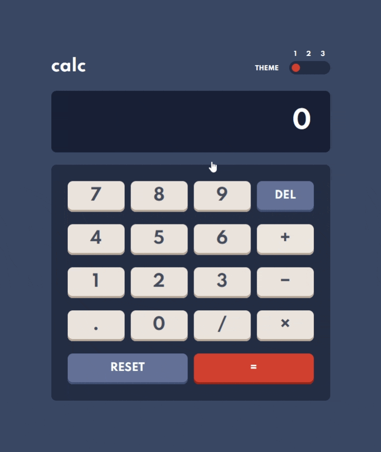 A demo of the calculator app presenting color theme switcher and keyboard navigation