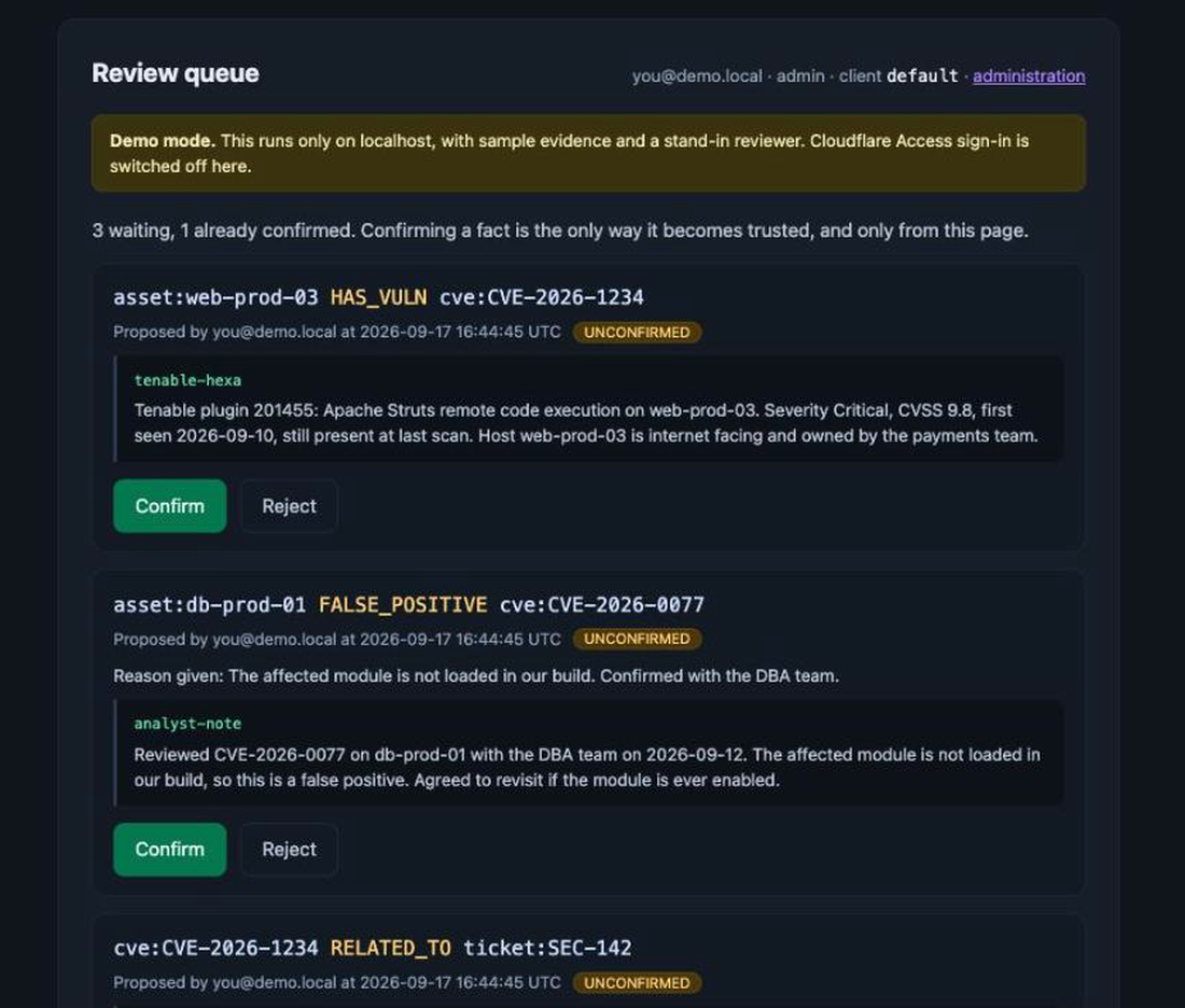 The review queue, listing proposed facts with the evidence behind each one