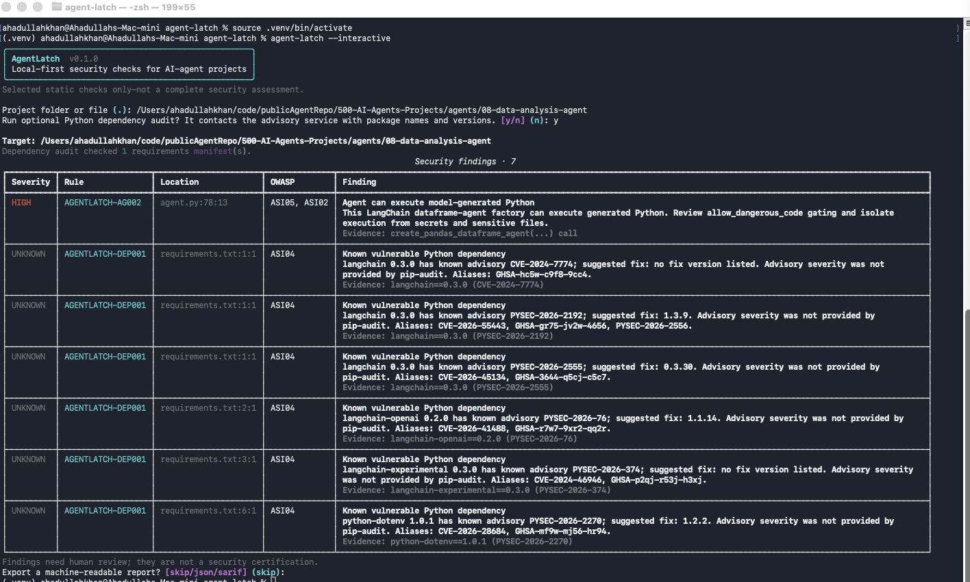 Example AgentLatch scan showing detected security findings