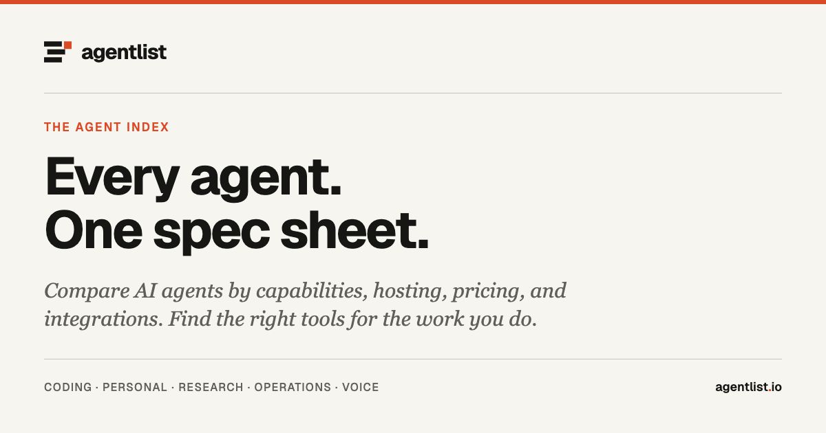 agentlist.io — Every agent. One spec sheet. Compare AI agents by capabilities, hosting, pricing, and integrations.