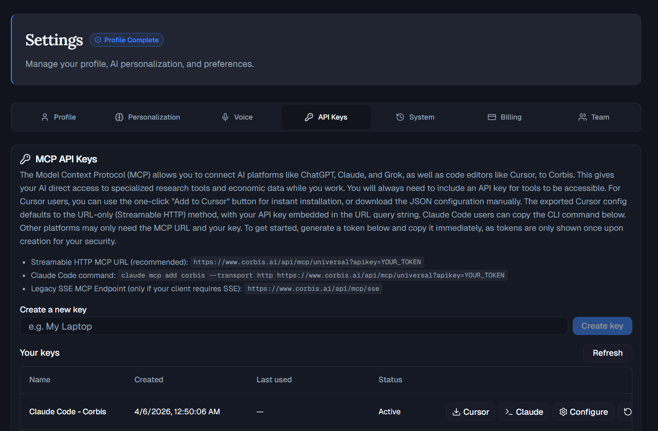 Corbis Settings, API Keys tab: MCP URL, create key, and your keys