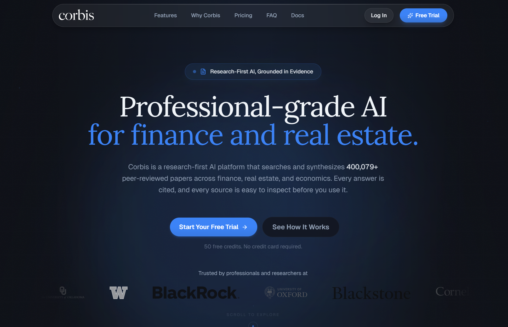 Corbis landing page: research-first AI for finance and real estate
