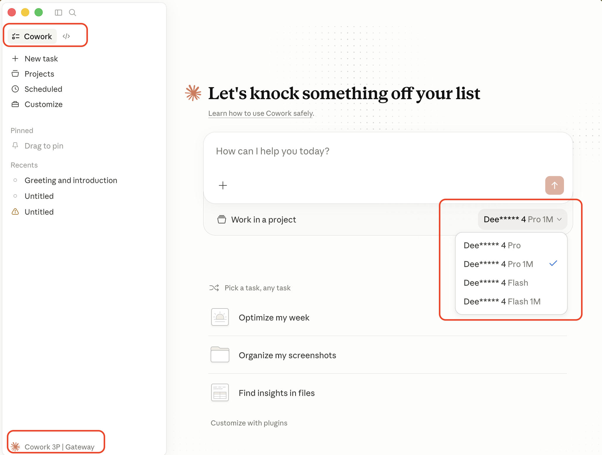 Cowork mode running on DeepSeek via Gateway