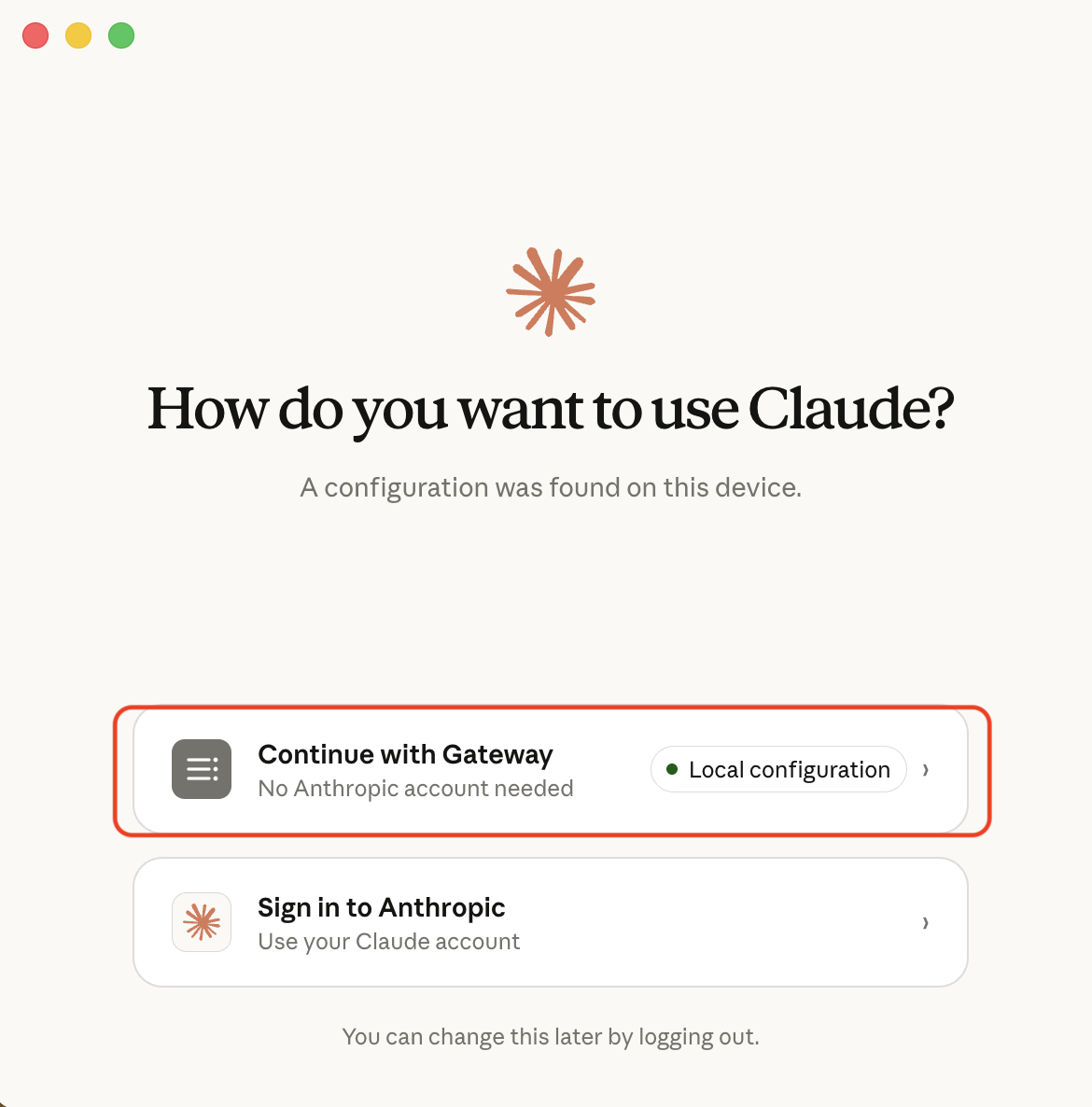 Claude Desktop launch chooser: Continue with Gateway or Sign in to Anthropic