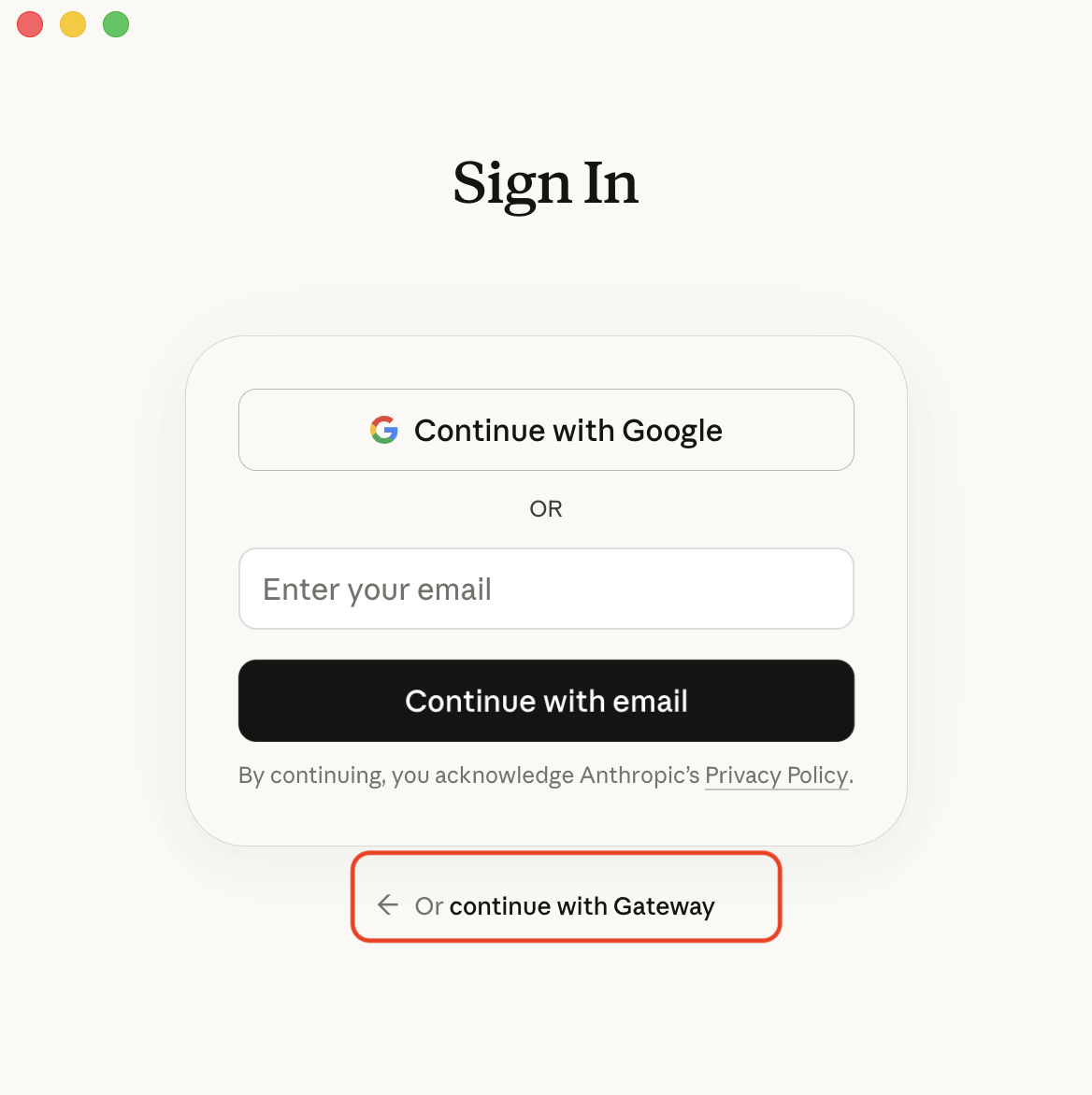 Sign In page with 'Or continue with Gateway' link at bottom