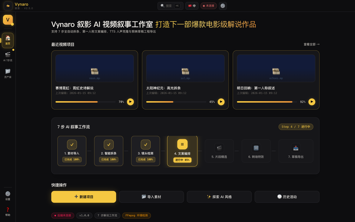 Vynaro 首页 Dashboard 界面截图