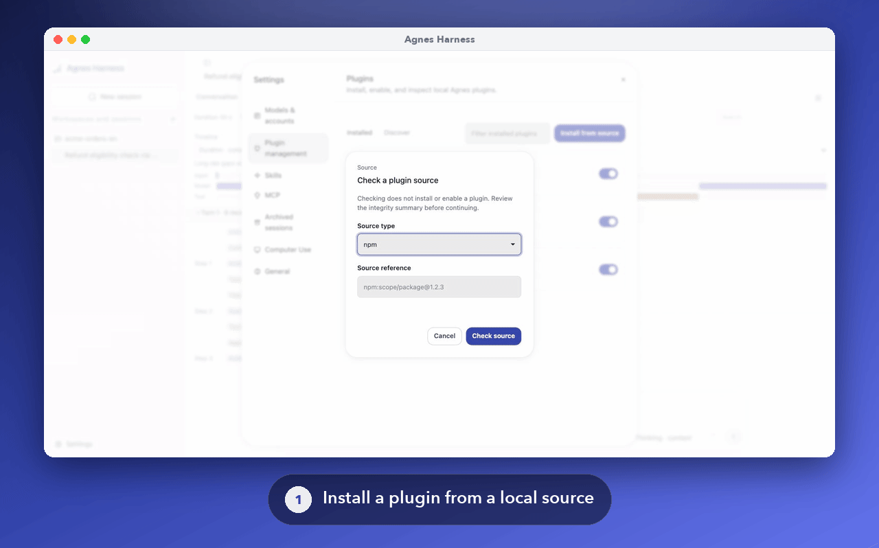 Installing a plugin in the Web workbench: inspect the source, review integrity, capabilities and license, confirm enabling, then the agent calls the new demo_text_stats tool and its inputs and structured output are recorded