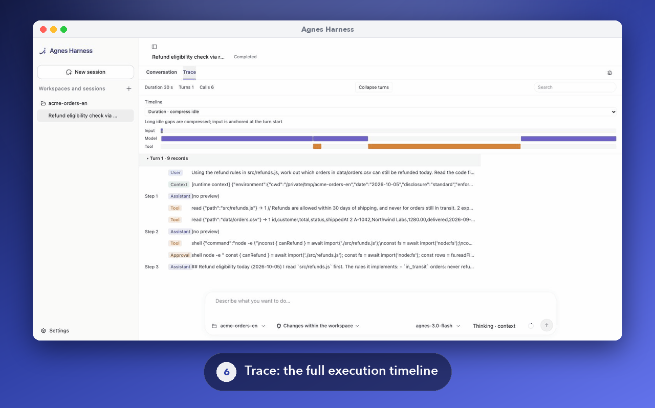 The Trace view: a timeline of input, model and tool activity, followed by step records that include the user request, file reads, the shell command and its approval record, and the final answer