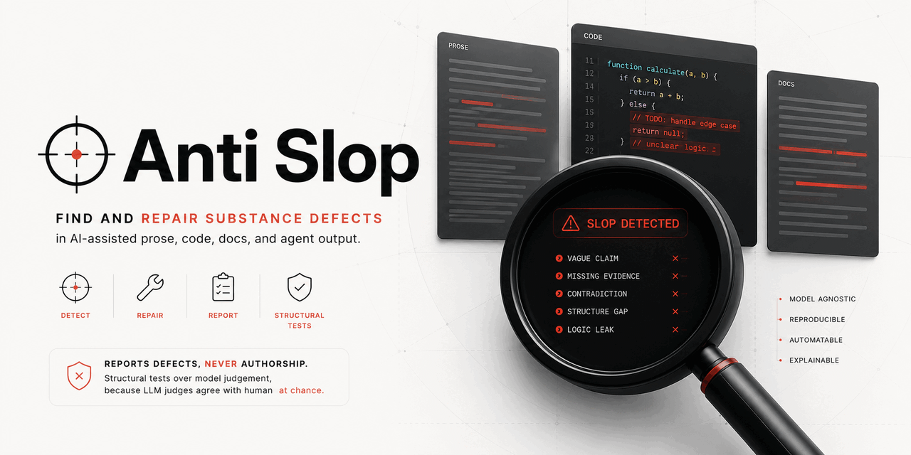 Anti Slop: find and repair substance defects in AI-assisted prose, code, docs, and agent output. Reports defects, never authorship.
