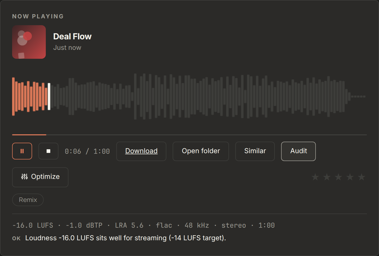 One click audits a song: loudness, peaks, and format, with plain-language fixes