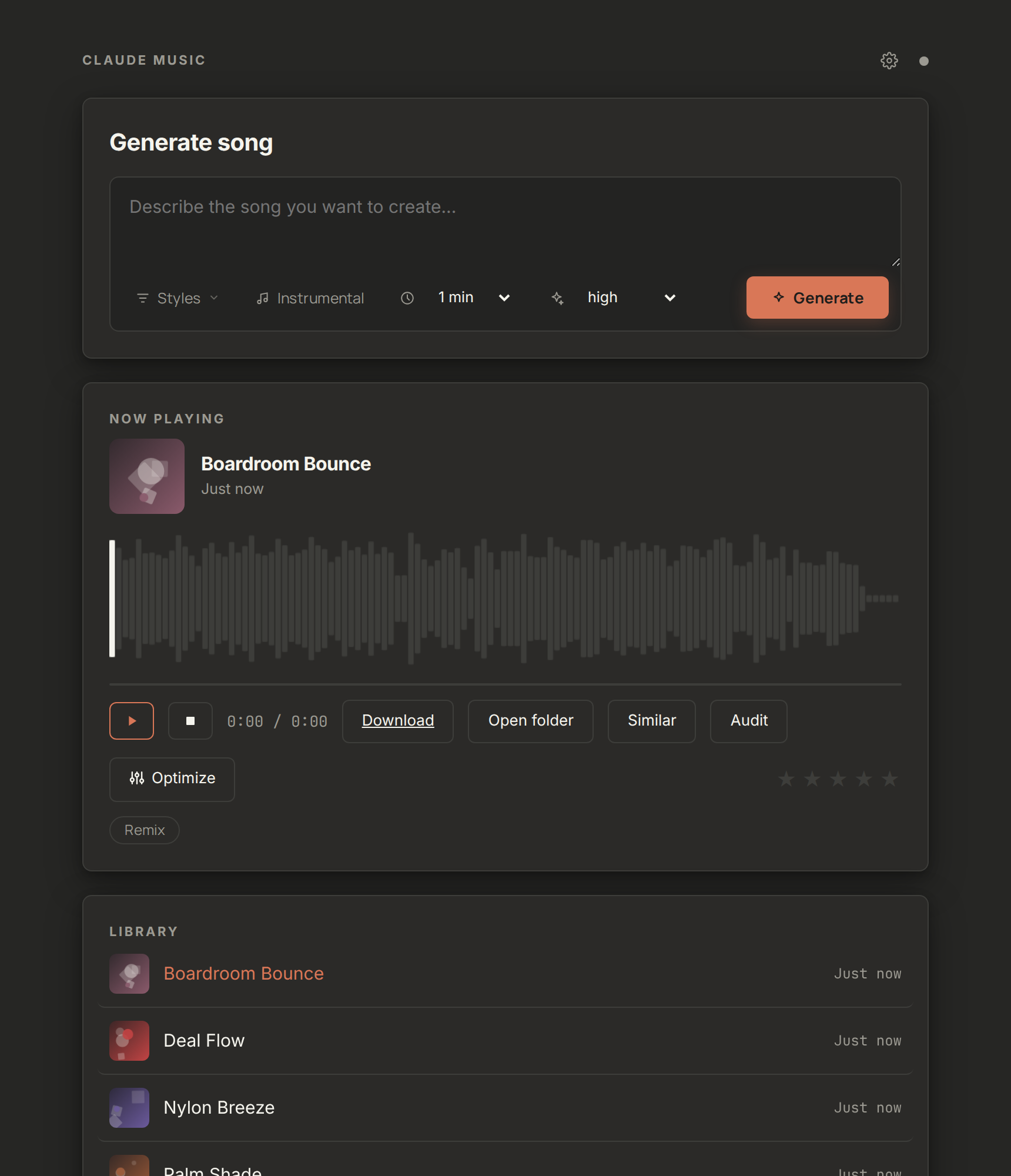 The claude-music dashboard: describe a song, pick styles, and watch it generate, with a real waveform player and a library of your tracks