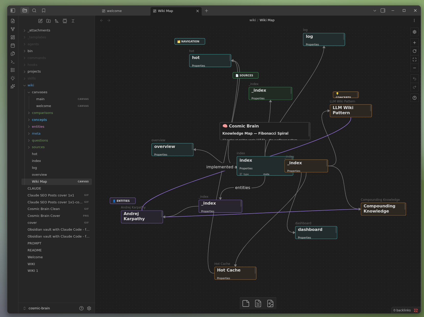 Example claude-obsidian knowledge map in Obsidian Canvas