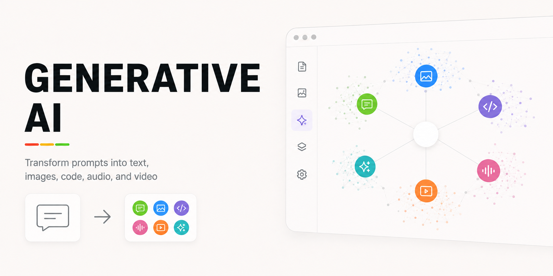 Generative AI Google Brain. Transform prompts into text, images, code, audio, and video.