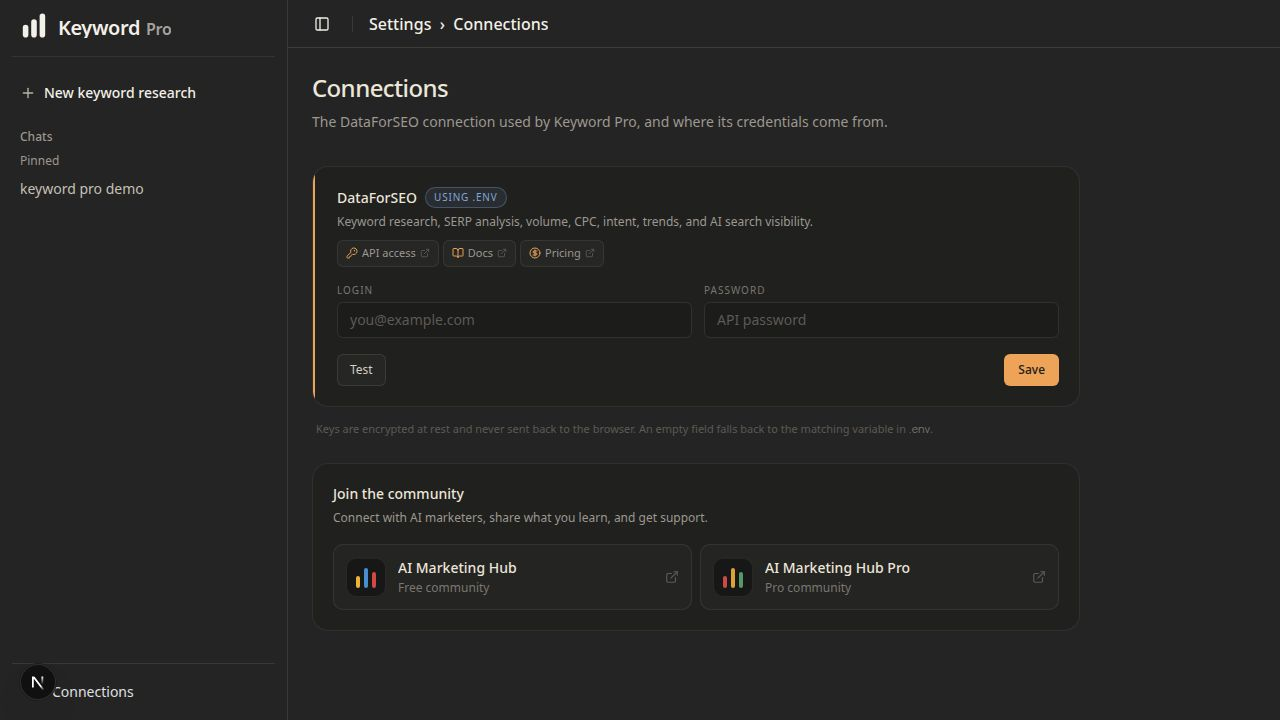 Keyword Pro DataForSEO connection settings