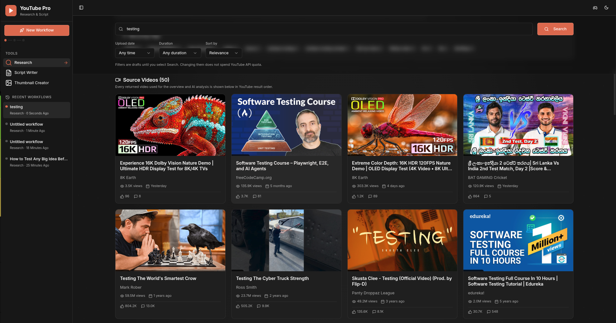 YouTube Pro source-video grid showing every video used in the research snapshot