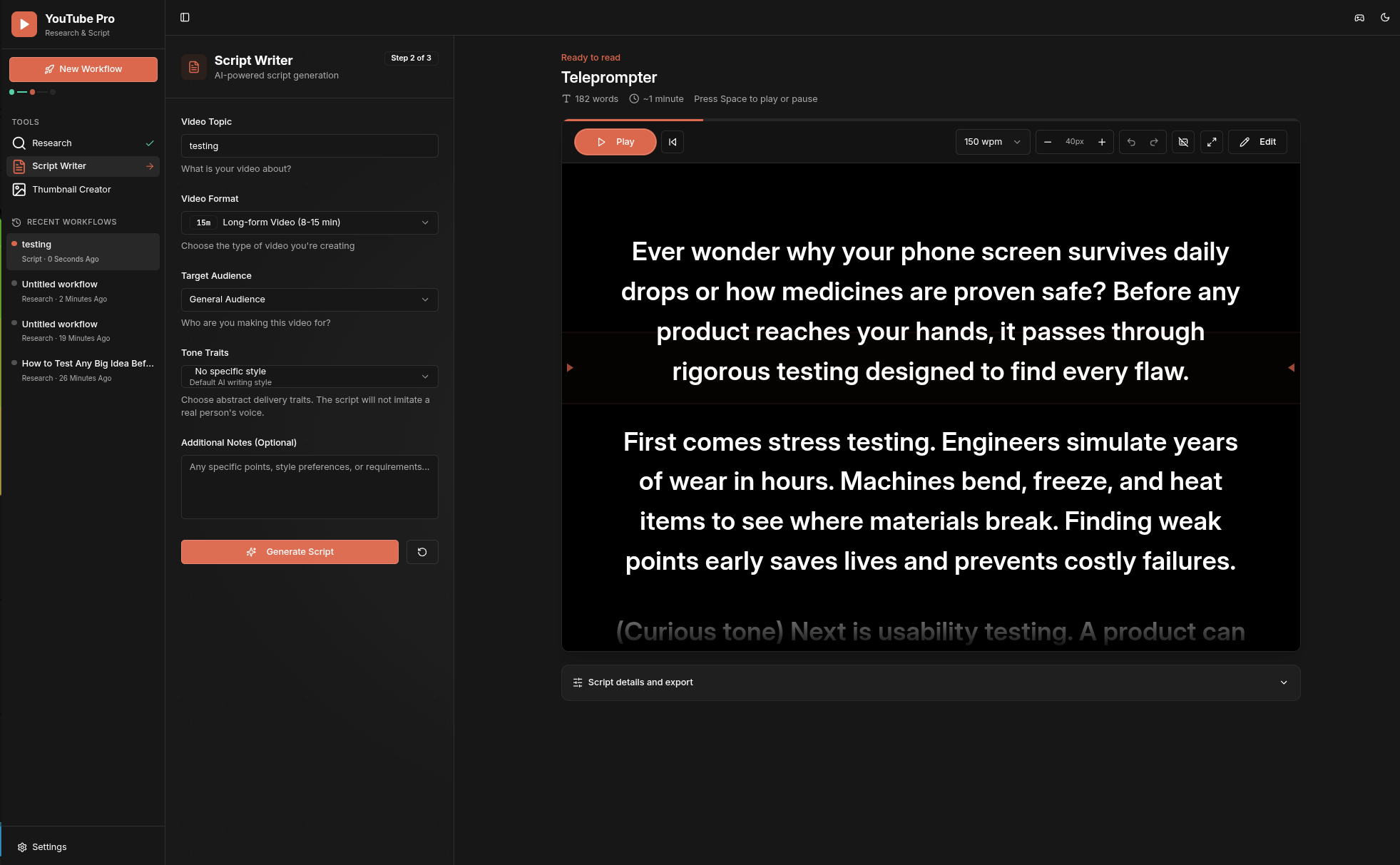 YouTube Pro teleprompter with playback and reading controls