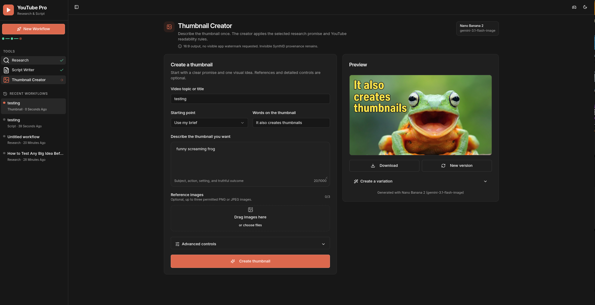 YouTube Pro Thumbnail Creator with a generated thumbnail preview and minimal creation controls