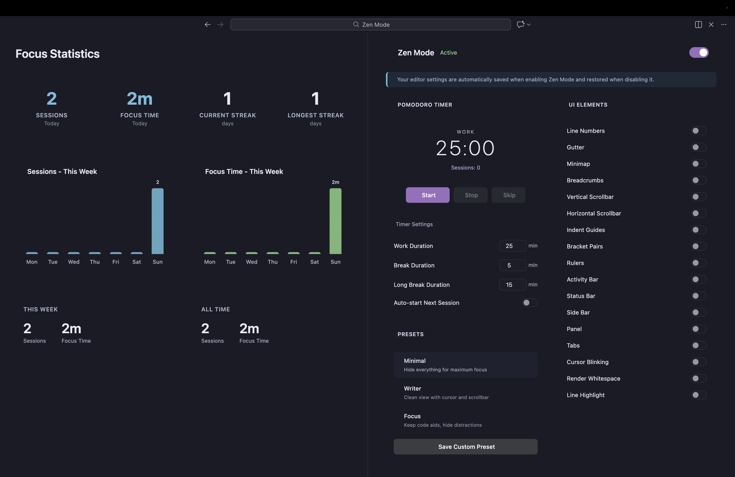 Zen Mode and Focus Statistics