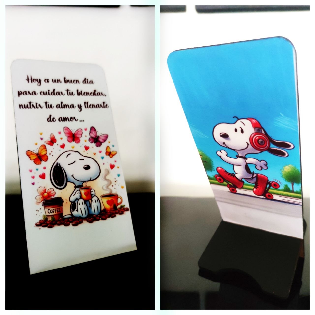 Portacelular Snoopy café y patines