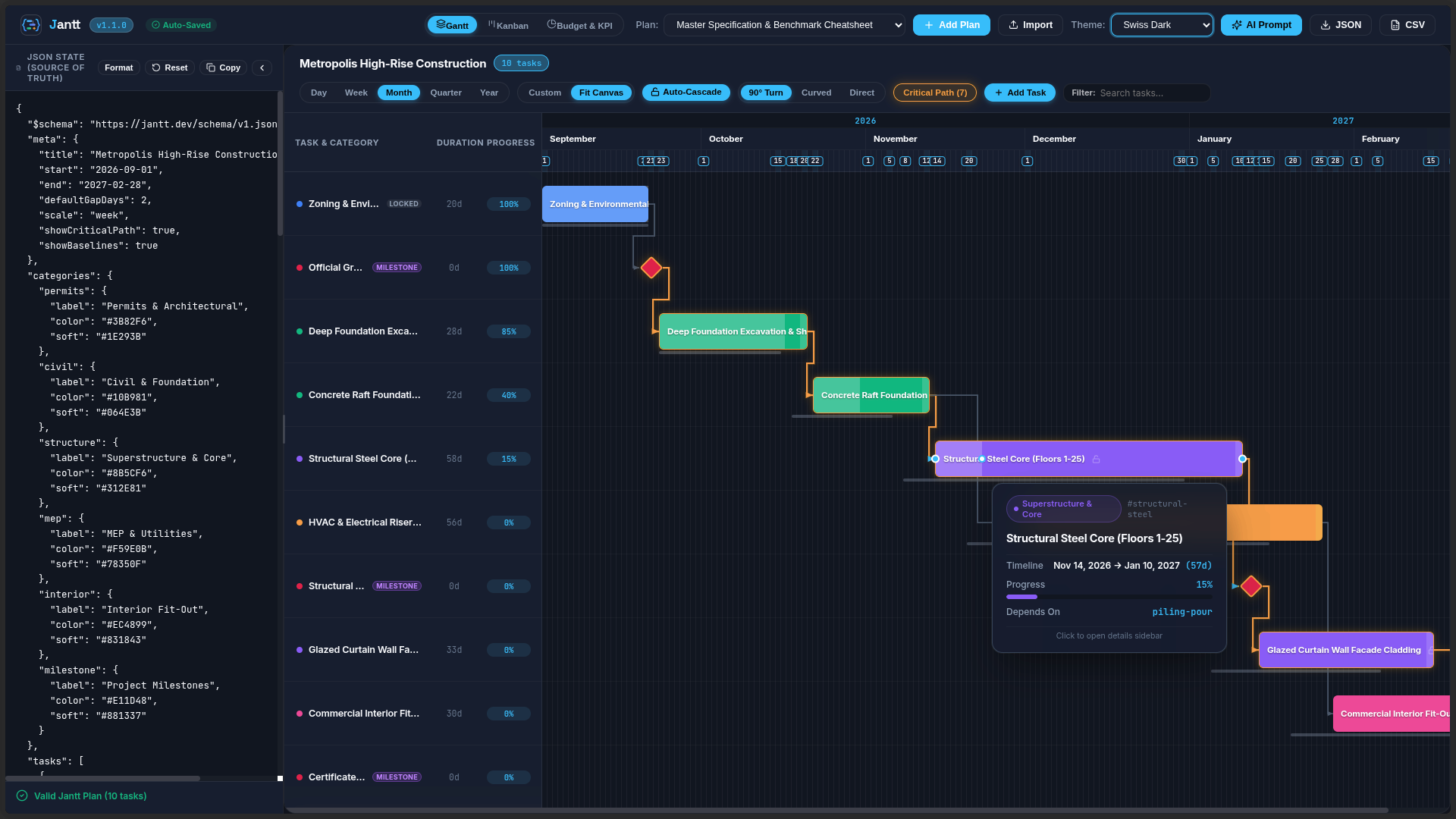 Jantt Interactive Workspace in Swiss Dark Mode with 90° Orthogonal Routing and Split JSON Editor